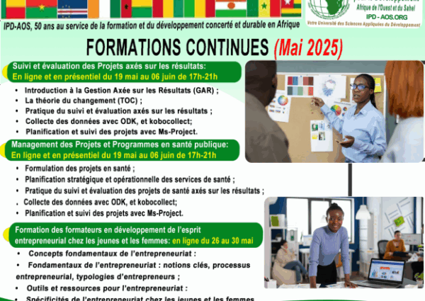 Trois formations en mai 2025 à l’Institut Panafricain pour le Développement région Afrique de l’Ouest – Sahel (IPD-AOS)